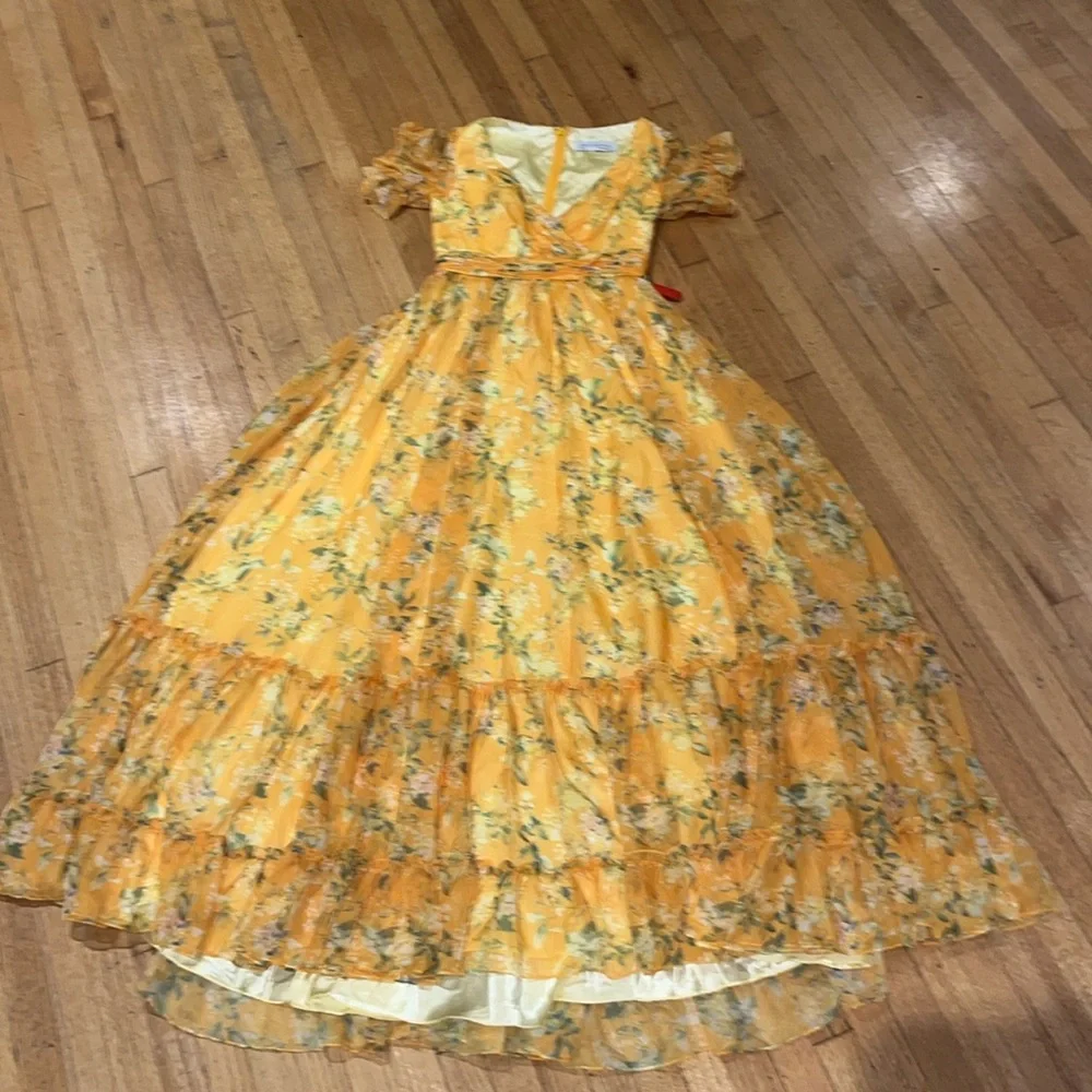 Mac Duggal Yellow Multicolor Flounce Sleeve Floral Maxi Dress NWT